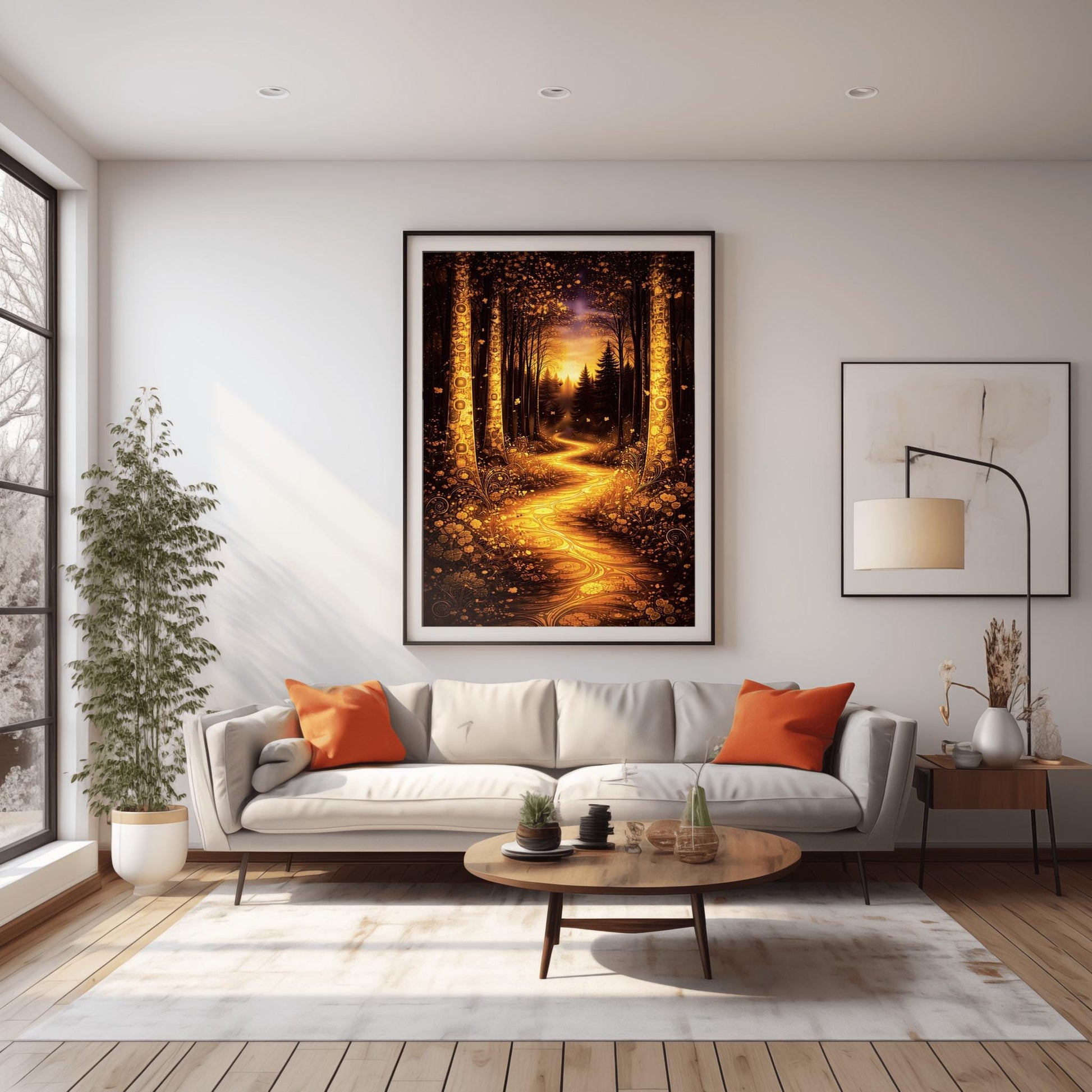 A vertical full-bleed illustration in the style of Gustav Klimt. A glowing, winding golden path flows through a dark forest. Large trees on either side are decorated with intricate golden mosaic patterns. The background features dark silhouettes of pines against a hazy, sunlit sky.