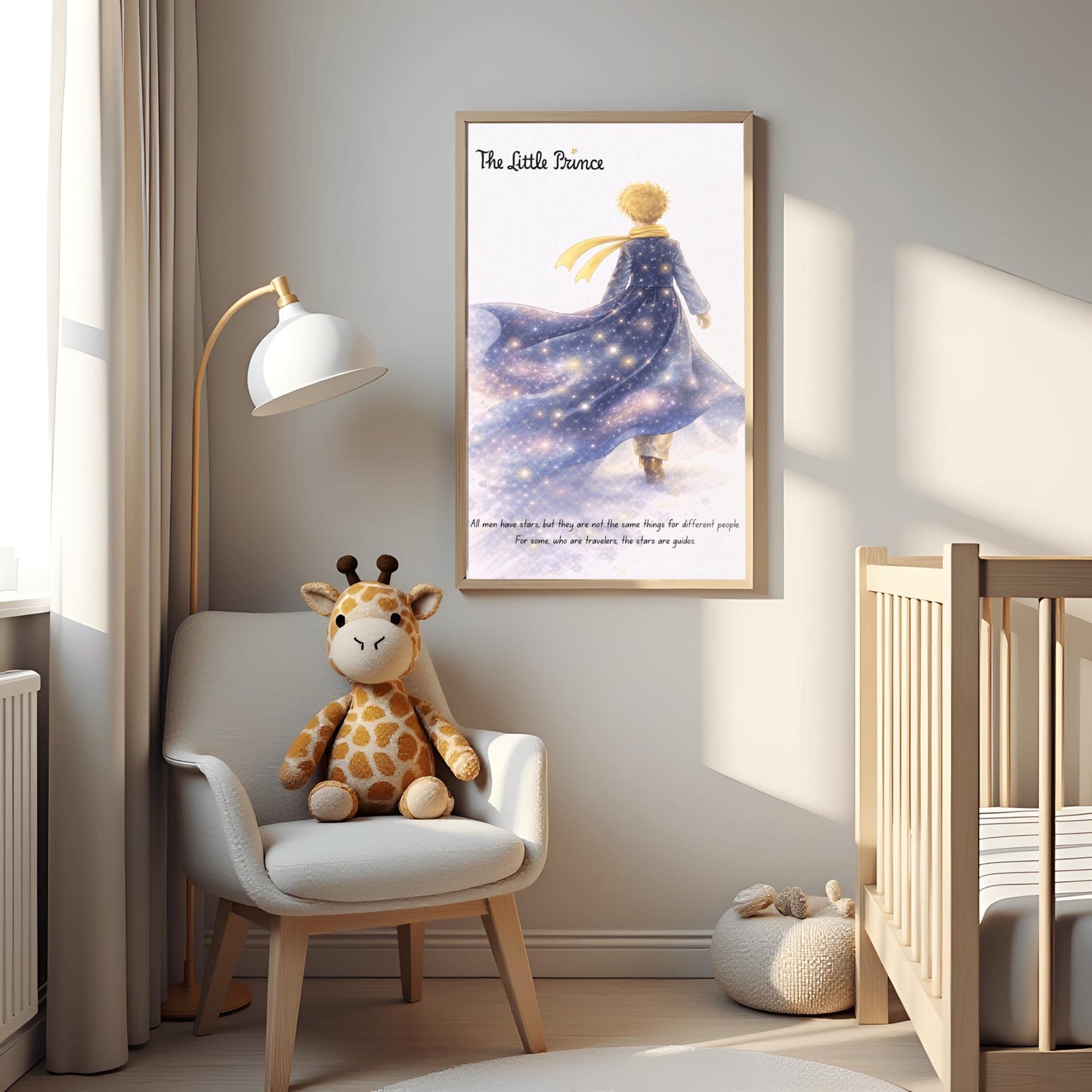 A vertical illustration poster titled "The Little Prince" in elegant script. A young boy with golden hair and a yellow scarf is seen from behind, walking into a white, misty background. He wears a long blue coat that looks like a starry galaxy, filled with glowing stars and purple nebulae. At the bottom, a quote about stars being guides for travelers is written in a simple black font.