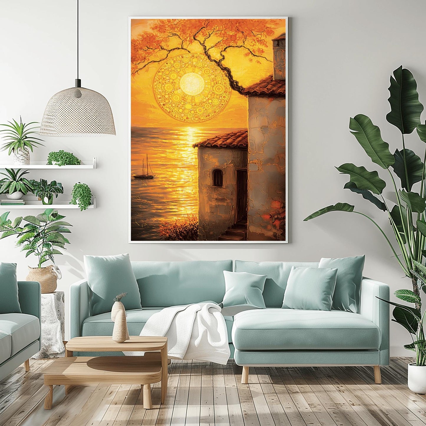 A vertical fine art print in the style of Gustav Klimt. A large, intricate golden mosaic sun hangs in an orange sky, partially framed by a dark tree branch. In the foreground, a rustic white villa with a red roof stands next to a golden sea where a small sailboat is visible. The entire scene is bathed in warm gold and amber light.