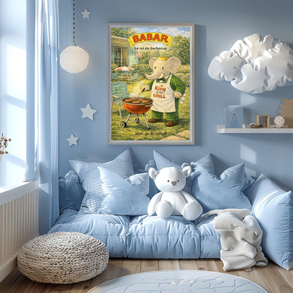A vertical children's illustration poster titled "BABAR: Le roi du barbecue." King Babar, in a green suit and crown, stands in a sunny backyard wearing a white apron that says "King of the Grill." He is using a spatula to flip burgers on a red charcoal grill. The background shows a lush green lawn, retro patio chairs, a striped umbrella, and an American flag hanging from a house in the distance. The name "Jean de Brunhoff" is at the bottom.