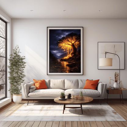 A vertical full-bleed illustration of a large weeping willow tree glowing with golden light in a stormy mountain valley. The tree stands by a dark river reflecting its gold light. The background features dark, rainy mountains and a moody indigo sky in the style of Gustav Klimt.