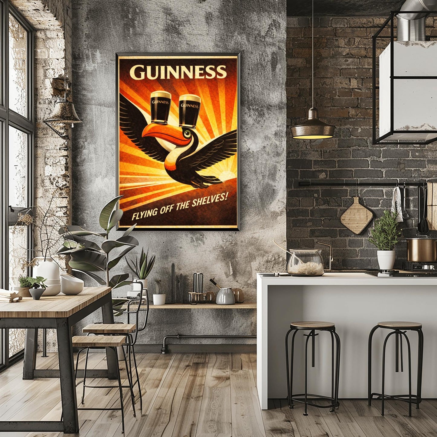 A vertical vintage-style advertising poster for Guinness. A toucan flies upward towards the top left, balancing two pints of beer on its beak. A large orange sunburst radiates from the bottom right background. Text at the top reads "GUINNESS" and the bottom reads "FLYING OFF THE SHELVES!"