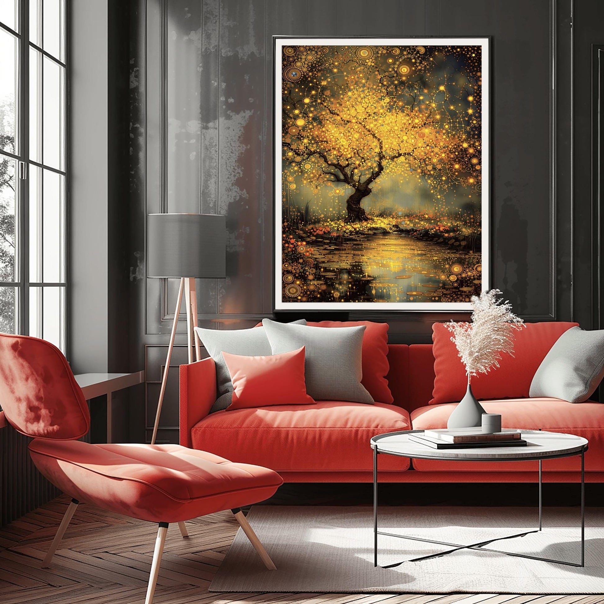 A vertical, highly detailed painting in the style of Gustav Klimt. A large tree with a dark, twisted trunk stands beside a dark pond. The tree's branches are a dense explosion of golden circular patterns, spirals, and mosaic-like flowers. The pond below reflects the golden light and is dotted with glowing lily pads. The background is a moody, textured grey-green. The entire scene is rich with golden textures and intricate geometric details.