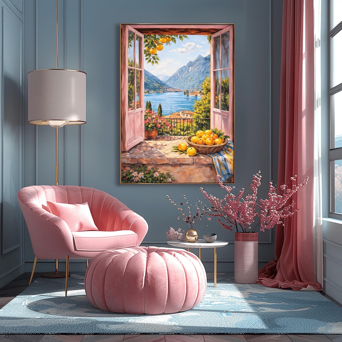A vertical painterly illustration looking through open pink French doors onto a large blue lake surrounded by tall mountains. A woven basket of lemons sits on a stone ledge in the foreground next to a striped cloth and a pot of pink flowers.