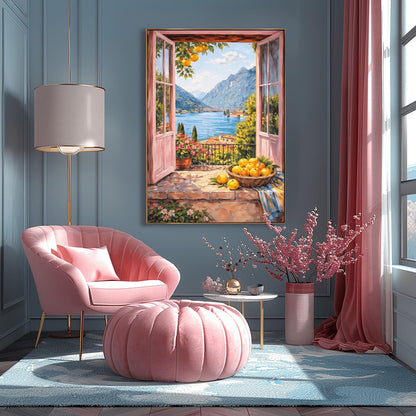 A vertical painterly illustration looking through open pink French doors onto a large blue lake surrounded by tall mountains. A woven basket of lemons sits on a stone ledge in the foreground next to a striped cloth and a pot of pink flowers.