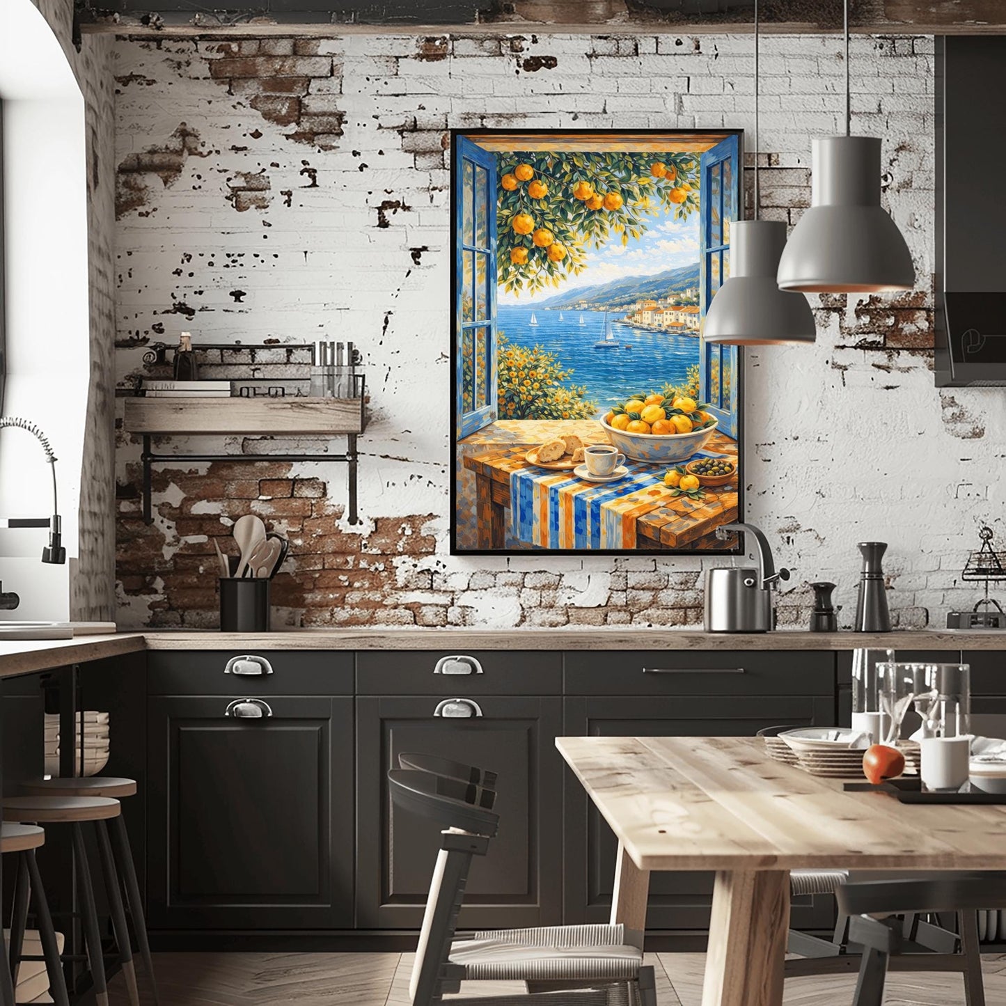 A vertical painterly illustration of a breakfast table in front of an open window with blue shutters. On the table is a cup of coffee, croissants, olives, and a bowl of oranges. Outside the window is a blue sea with sailboats and a coastal town under a bright sky.