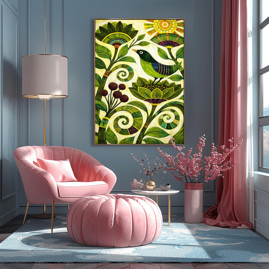 A vertical folk-style art print. A green-headed bird with a blue and purple striped wing sits on a large, stylized green flower. Swirling vines and leaves in various shades of green fill the bottom half of the frame, accompanied by a cluster of dark purple berries. In the top right corner, a bright yellow sun with concentric circles and rectangular rays shines down. The background is a textured off-white with fine, rhythmic brushstrokes throughout the composition.