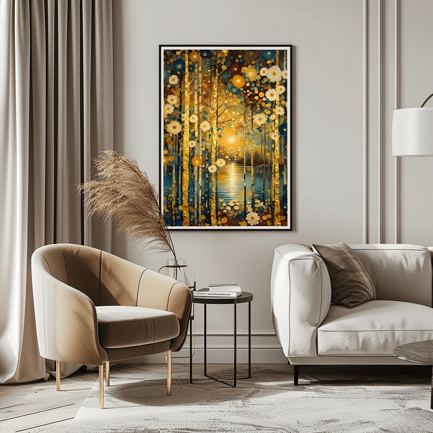 A vertical, highly detailed oil painting in the style of Gustav Klimt. A forest of slender birch trees with textured gold-leaf bark stands before a calm blue lake. A bright, glowing sun is centered in the background, reflecting a shimmering golden path on the water. The scene is filled with stylized, circular flowers in cream, gold, and deep blue. The overall style is rich in mosaic-like textures and opulent gold accents.