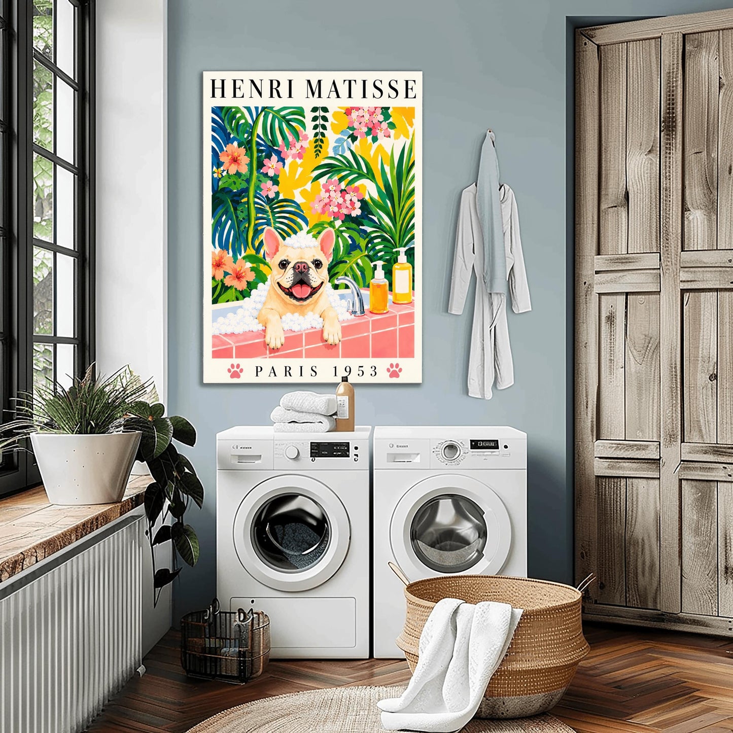 A vertical fine art exhibition poster in the style of Henri Matisse featuring a wide cream border. Bold black text reads "HENRI MATISSE" at the top and "PARIS 1953" at the bottom with two pink paw prints. The colorful painting inside depicts a cream French bulldog sitting in a bubble bath behind a pink tiled ledge, surrounded by a dense backdrop of green and blue tropical leaves, pink flowers, and yellow patterns.