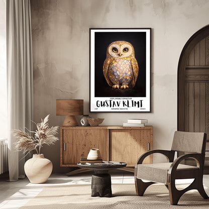 A vertical full-bleed illustration of a barn owl in the style of Gustav Klimt. The owl's body is a complex mosaic of gold, cream, and iridescent pastel tiles with small colorful gemstones embedded in the wings. It has large dark eyes and stands against a solid black background.