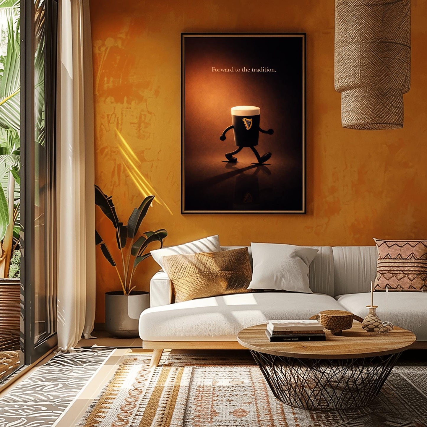 A vertical cinematic illustration of a 3D Guinness pint character with cartoon arms and legs, walking across a reflective dark floor. The background is a warm, glowing amber light. At the top, the words "Forward to the tradition." are written in a gold-colored serif font.