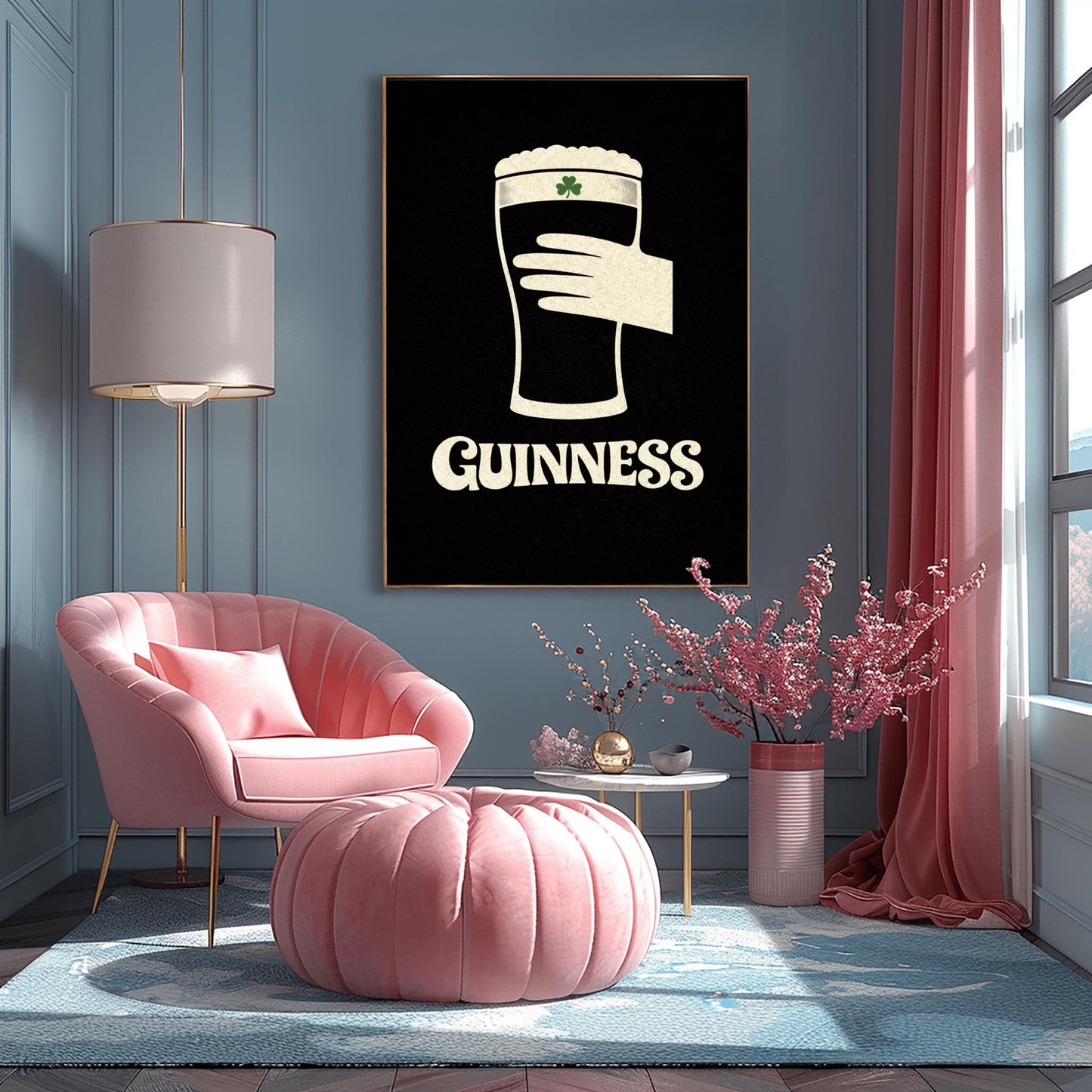 A vertical minimalist graphic design on a textured black background. A cream-colored hand is shown holding a pint of Guinness stout, with the glass itself created out of negative space. A small green shamrock is on the foam. The word "GUINNESS" is in cream text at the bottom.