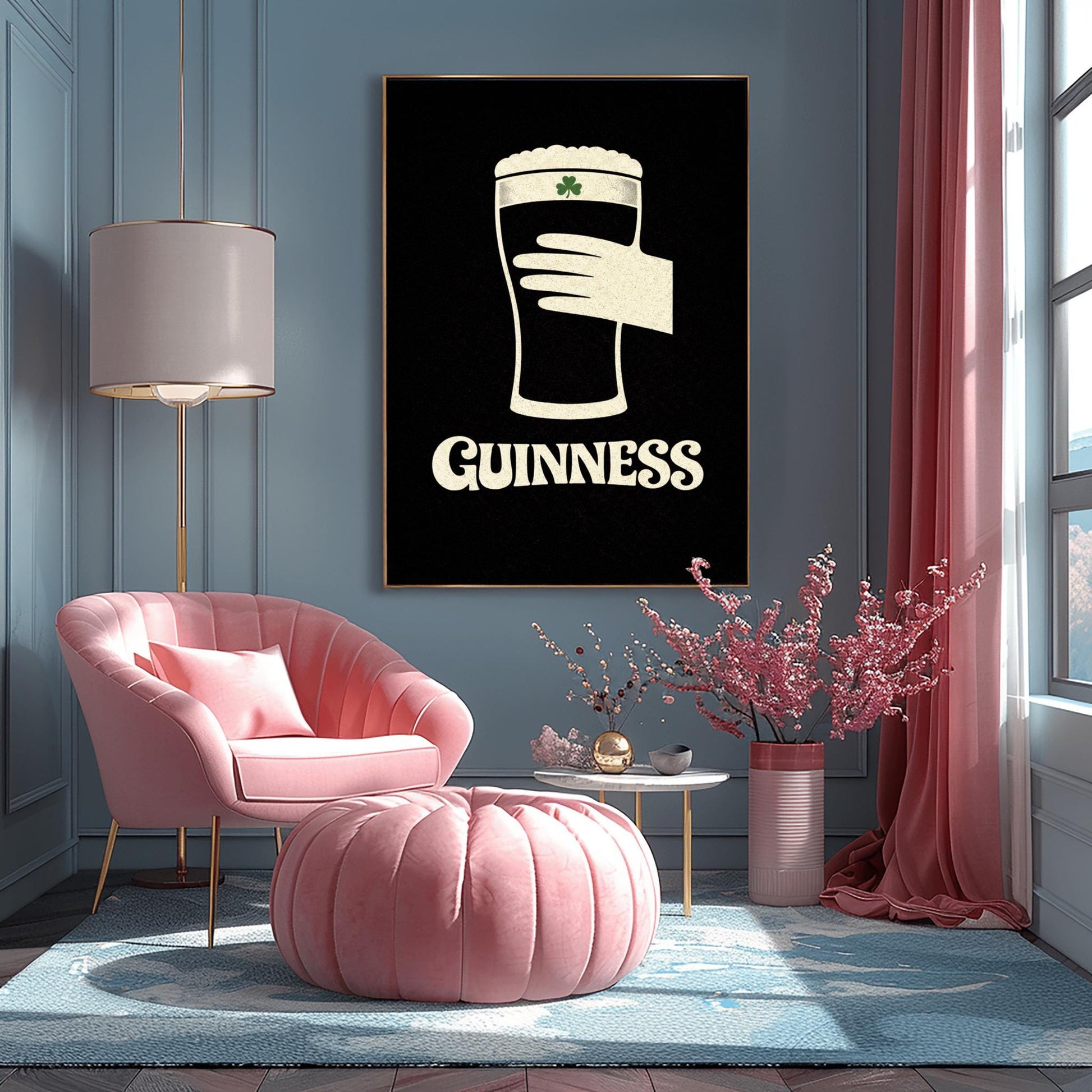 A vertical minimalist graphic design on a textured black background. A cream-colored hand is shown holding a pint of Guinness stout, with the glass itself created out of negative space. A small green shamrock is on the foam. The word "GUINNESS" is in cream text at the bottom.