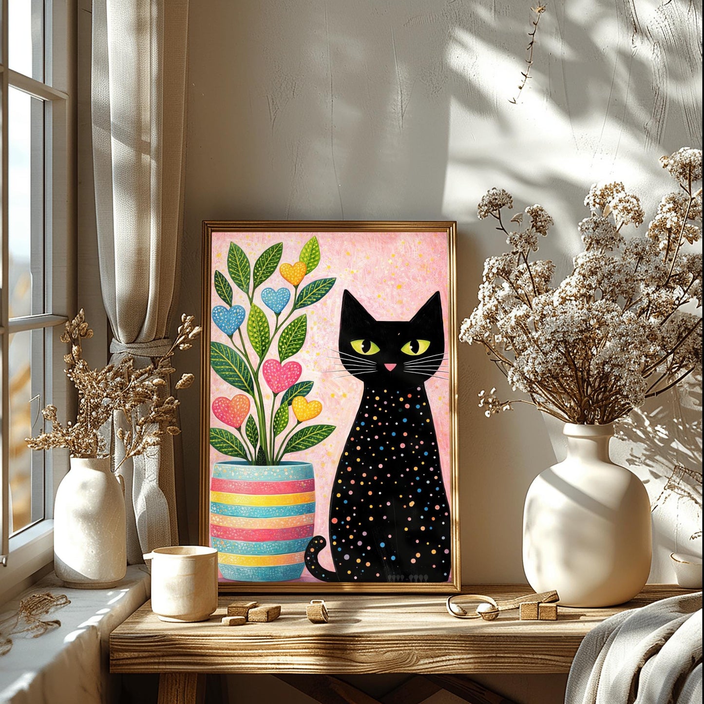 A vertical folk-art style illustration of a black cat sitting next to a colorful potted plant. The black cat is covered in small, multi-colored polka dots and has bright green eyes. The plant to its left is in a striped pink, yellow, and blue pot and features green leaves with heart-shaped "flowers" in pink, blue, and yellow. The background is a textured light pink with yellow paint splatters.