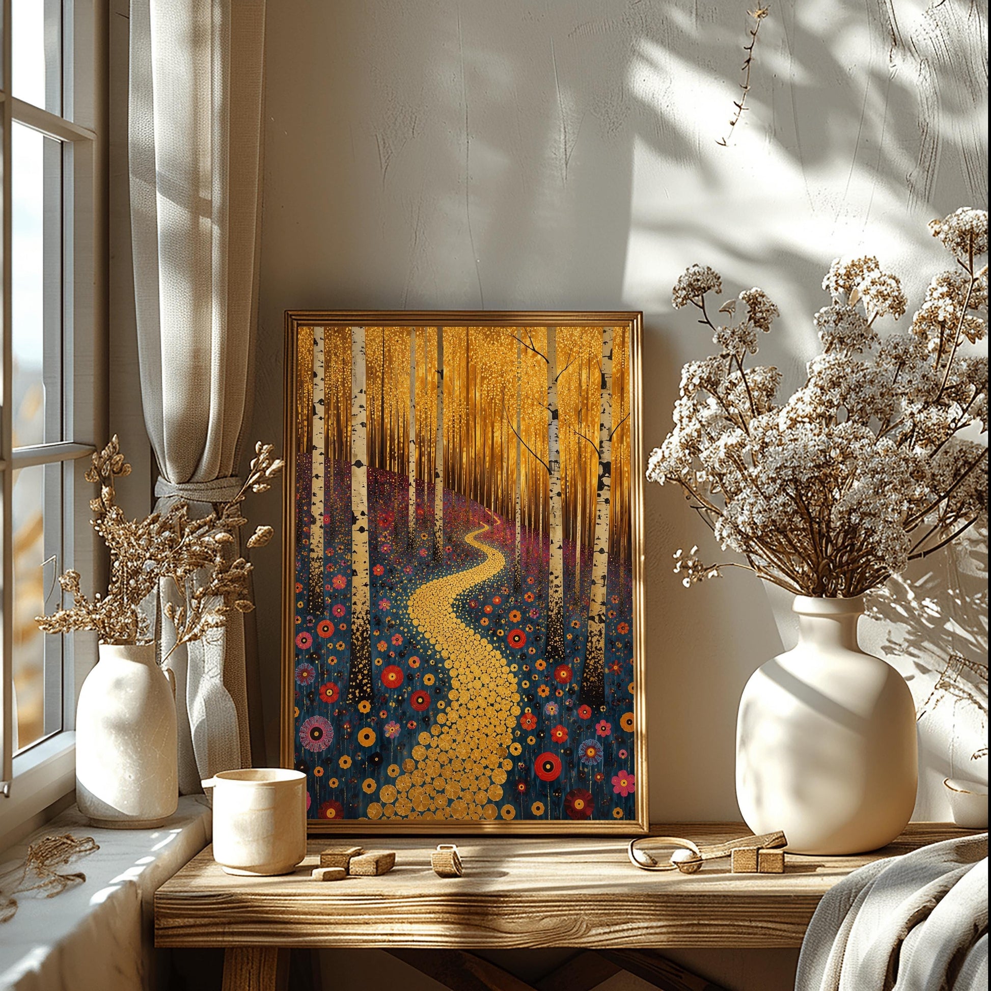 A vertical canvas landscape painting in the style of Gustav Klimt. A winding path made of small, glittering gold circular mosaic tiles snakes from the foreground up a forest hill. Slender white and black birch tree trunks stand vertically across the landscape. The hillside ground is dark navy blue and covered in round, target-shaped flowers in shades of red, orange, and pink. The top third of the painting is a dense, shimmering canopy of tiny golden-yellow autumn leaves.