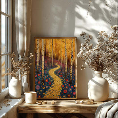 A vertical canvas landscape painting in the style of Gustav Klimt. A winding path made of small, glittering gold circular mosaic tiles snakes from the foreground up a forest hill. Slender white and black birch tree trunks stand vertically across the landscape. The hillside ground is dark navy blue and covered in round, target-shaped flowers in shades of red, orange, and pink. The top third of the painting is a dense, shimmering canopy of tiny golden-yellow autumn leaves.