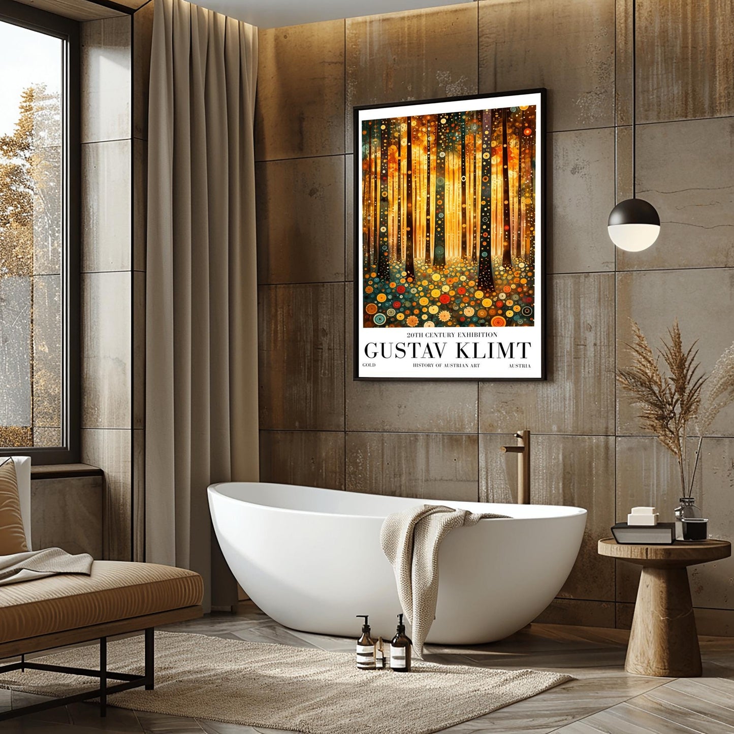 A vertical fine art print in the style of Gustav Klimt. Dark, slender tree trunks are decorated with various golden and colorful concentric circles. The forest floor is covered in similar circular floral patterns. A bright, warm golden light glows from the background, creating a high-contrast, ornate night forest scene.