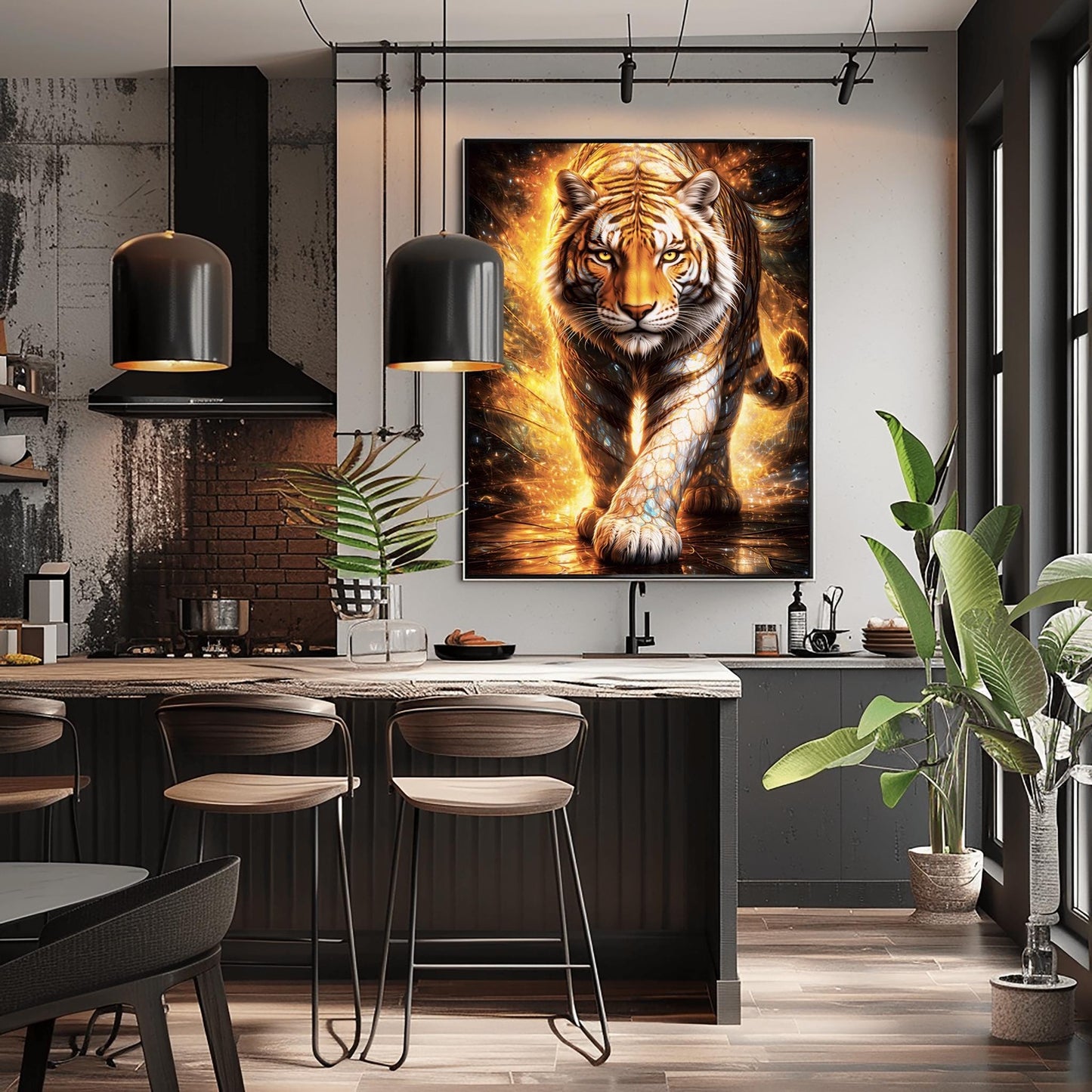A vertical full-bleed illustration of a tiger in the style of Gustav Klimt. The tiger is prowling forward toward the viewer, its body covered in golden mosaic patterns and glowing orange light. The background is a swirl of amber sparks and gold-leaf textures.