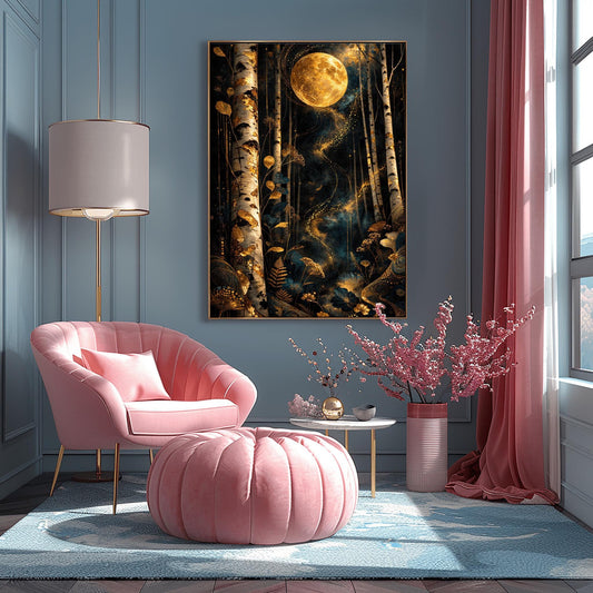 A vertical, highly detailed Art Nouveau illustration in the style of Gustav Klimt. A large, ornate golden moon with swirling patterns hangs in a dark navy forest. The foreground is filled with stylized golden wildflowers and ferns, and a ribbon of golden stardust winds through patterned birch trees.