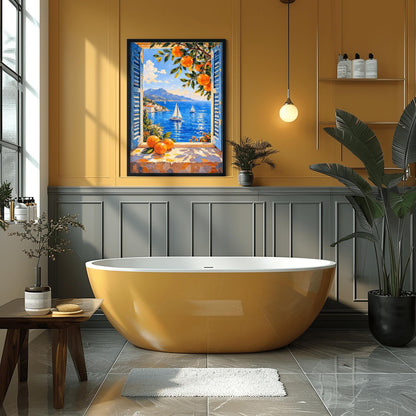 Matisse Coastal Print – Mediterranean Art Print with Blue Shutters & Oranges