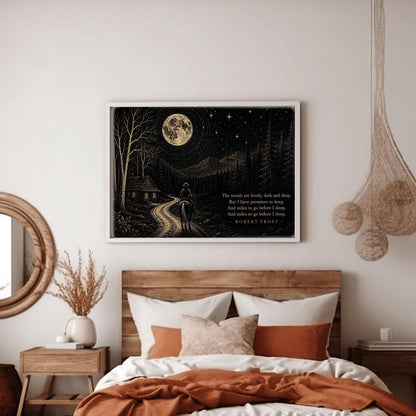 A wide horizontal art print with gold linework on a black background. A man on a horse rides toward a small cabin with lighted windows. The path is flanked by birch and pine trees, leading toward a background of mountains. A large, detailed moon and several bright stars fill the sky. On the right side, the final lines of Robert Frost’s poem "Stopping by Woods on a Snowy Evening" are printed in gold serif typography.