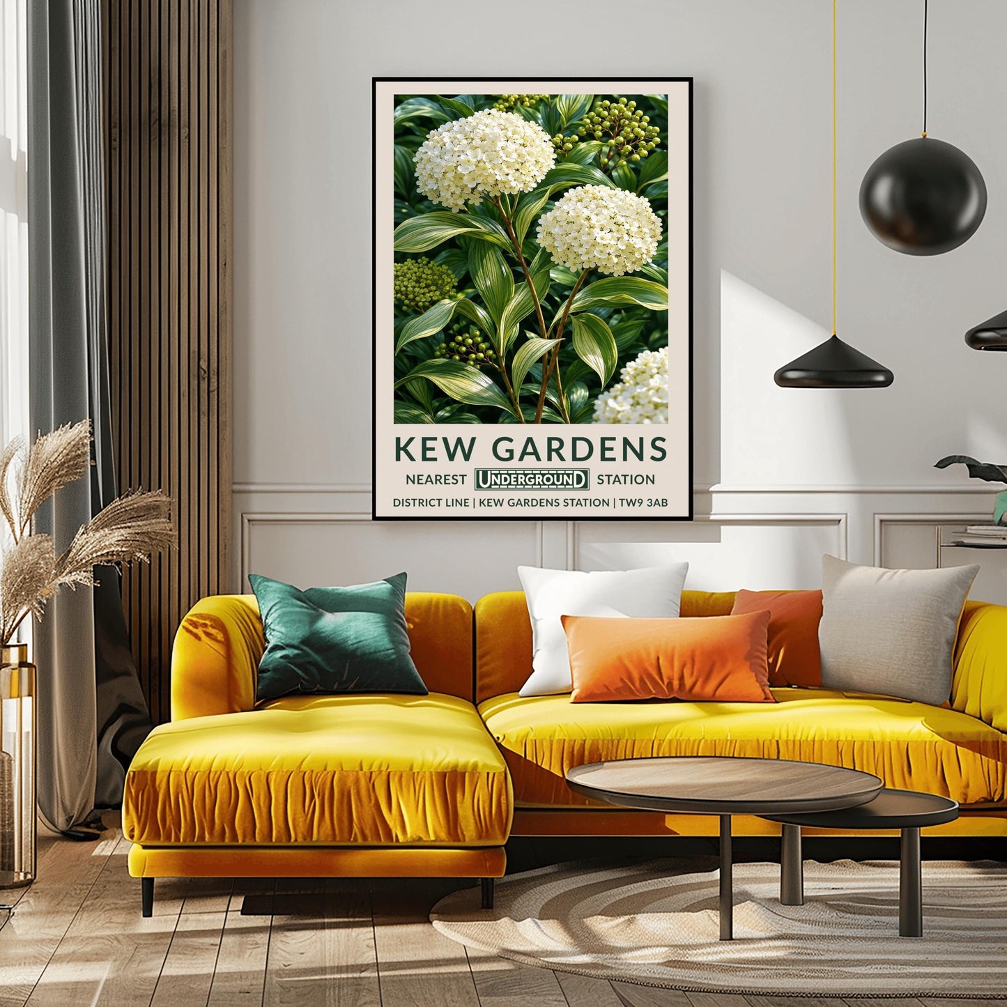 A vertical retro London Underground travel poster for Kew Gardens on a wide cream border. The top image shows a close-up, detailed botanical illustration of two large, round white hydrangea flower clusters surrounded by long, variegated green and white leaves and small green berries. The bottom cream border features the text "KEW GARDENS" in dark green, followed by "NEAREST UNDERGROUND STATION" flanking an authentic boxed Underground logo