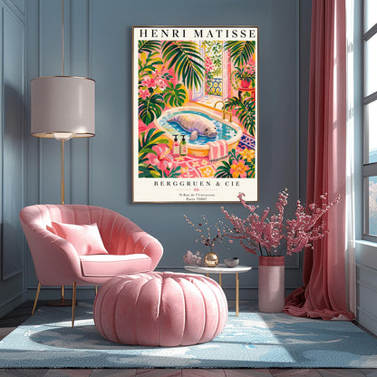 A vertical maximalist art print designed as a Henri Matisse exhibition poster. A large, grey manatee floats peacefully in a white bathtub filled with water. The room is filled with vibrant pink walls, lush green tropical plants, and bright pink hibiscus flowers. An open balcony door in the background shows a Parisian-style wrought-iron railing and pink flowers. Two colorful soap bottles sit on the edge of the tub.