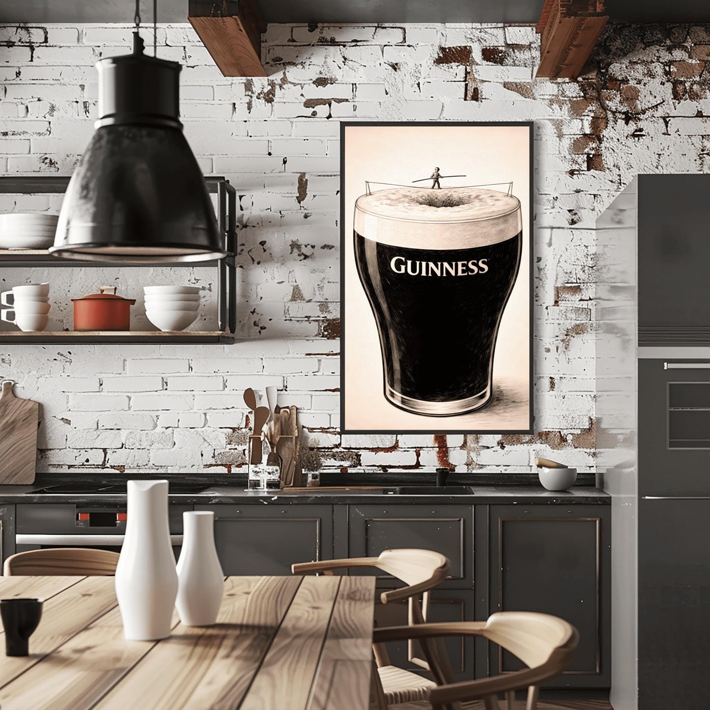 A vertical charcoal-style illustration of a pint of Guinness. A tiny silhouette of a person balances on a tightrope stretched across the white foam at the top of the glass. The body of the beer is deep black with the word "GUINNESS" in white. The background is a light, textured cream.