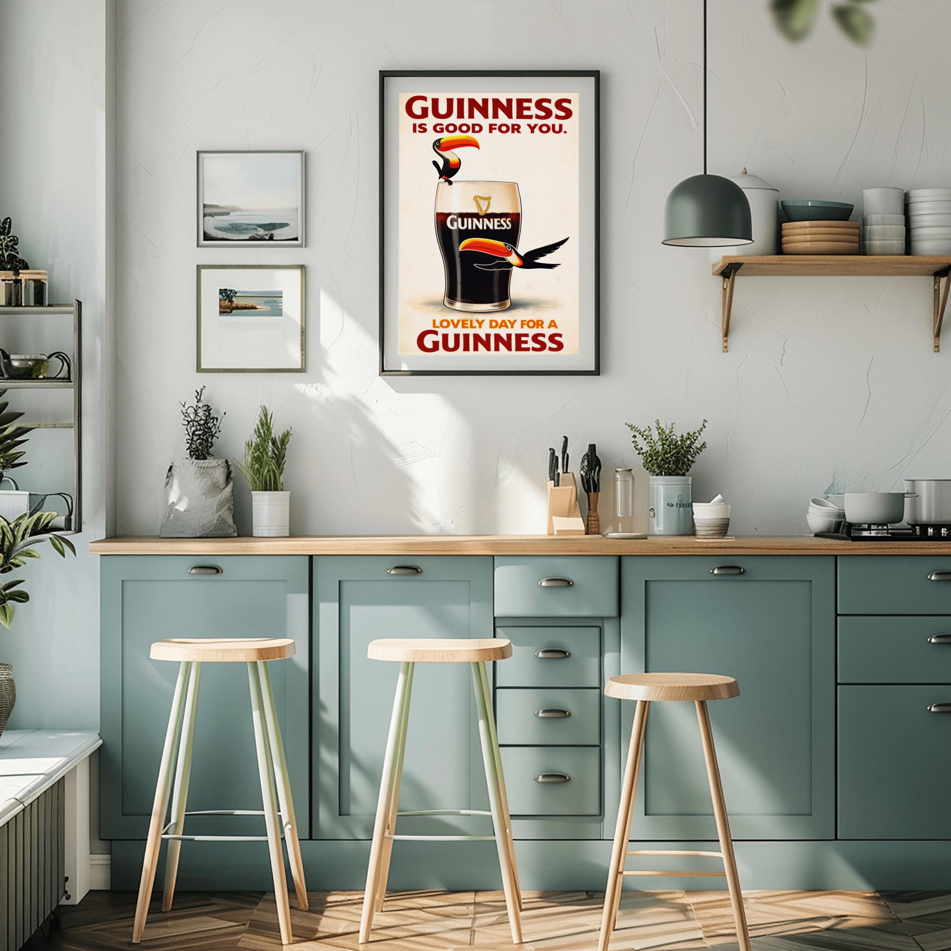 A vertical vintage-style advertisement for Guinness. A large glass of dark stout with a creamy white head is centered. A cartoon toucan with a large orange beak is perched on the rim, and another toucan flies past the bottom of the glass. The text reads "GUINNESS IS GOOD FOR YOU" at the top and "LOVELY DAY FOR A GUINNESS" at the bottom in red font.