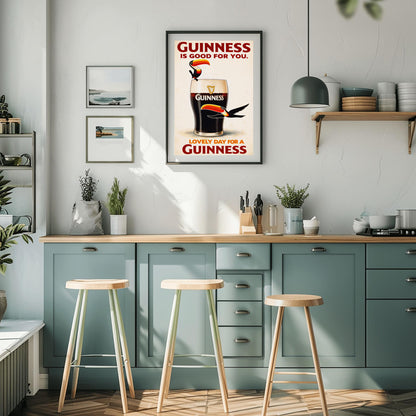 A vertical vintage-style advertisement for Guinness. A large glass of dark stout with a creamy white head is centered. A cartoon toucan with a large orange beak is perched on the rim, and another toucan flies past the bottom of the glass. The text reads "GUINNESS IS GOOD FOR YOU" at the top and "LOVELY DAY FOR A GUINNESS" at the bottom in red font.
