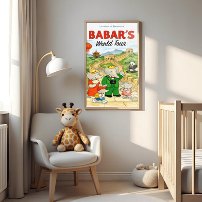 A vertical children's illustration poster titled "BABAR'S World Tour" in red and black letters. King Babar, wearing a green suit and a camera around his neck, stands on the Great Wall of China with his family. The wall curves through green mountains toward a pagoda in the distance. A giant panda sits in the grass to the right, and a red Chinese lantern hangs on the left. The name "Laurent de Brunhoff" is at the top.