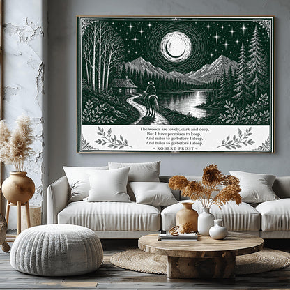A wide horizontal art print in forest green and cream. A person on horseback follows a path toward a small cabin by a lake. In the background are tall pine forests and sharp mountain peaks under a massive moon and starry sky. The bottom of the print contains four lines of Robert Frost’s poetry in clean serif text, flanked by simple leaf illustrations.