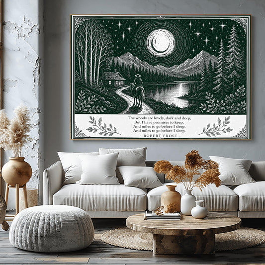 A wide horizontal art print in forest green and cream. A person on horseback follows a path toward a small cabin by a lake. In the background are tall pine forests and sharp mountain peaks under a massive moon and starry sky. The bottom of the print contains four lines of Robert Frost’s poetry in clean serif text, flanked by simple leaf illustrations.