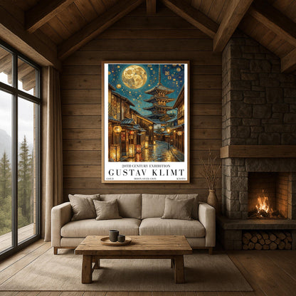 A vertical museum exhibition poster in the style of Gustav Klimt. A historic Japanese street in Gion, Kyoto, features a five-story pagoda and glowing lanterns at night. A massive golden moon with mosaic patterns fills the top of the sky. Bold black text at the bottom reads "GUSTAV KLIMT" and "MOON OVER GION."