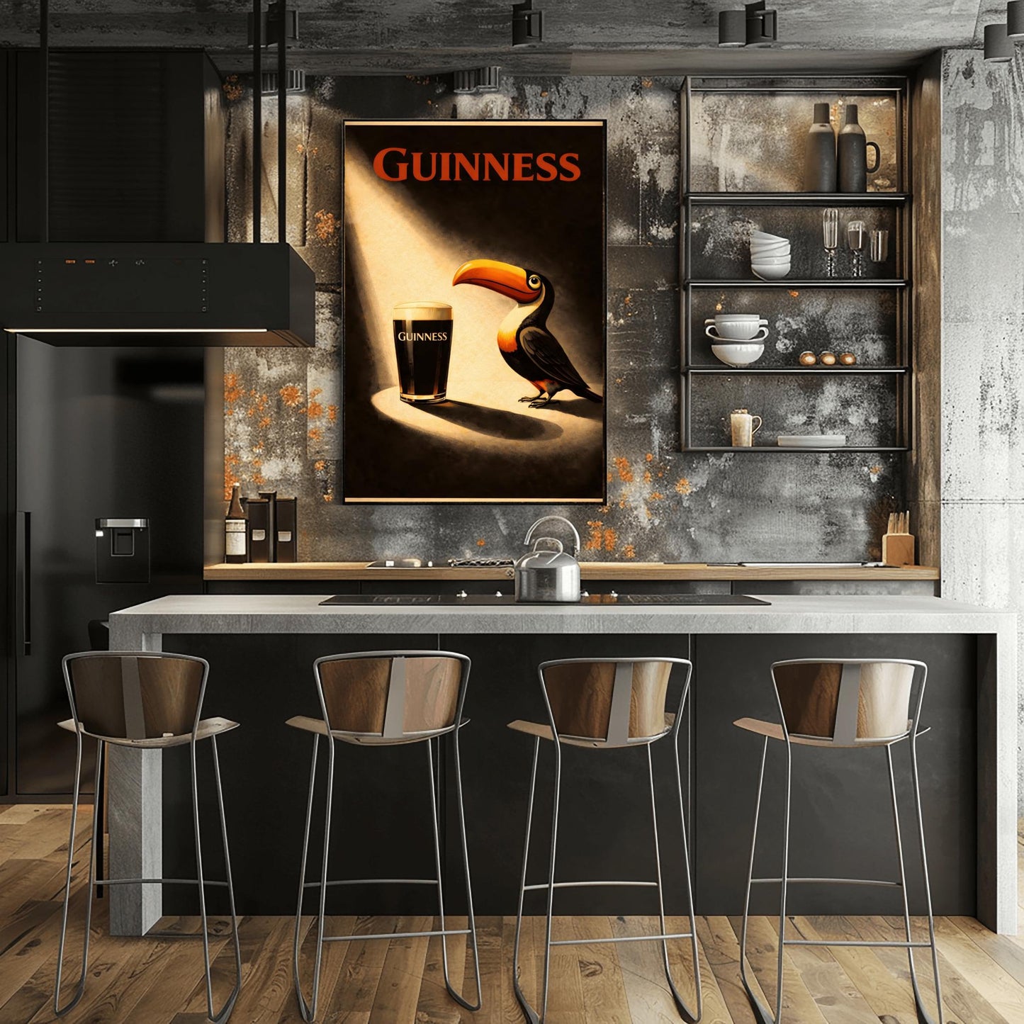 A vertical vintage-style poster. A bright spotlight shines down on a pint of Guinness with a creamy head. A colorful toucan stands in the light next to the glass, looking at it. The background is dark and moody with "GUINNESS" written in red at the top.