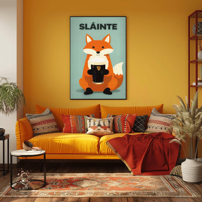 A vertical modern illustration of a cute orange fox sitting and holding a pint of Guinness with both paws. The word "SLÁINTE" is written in bold gray letters at the top. The background is a soft, textured mint green.