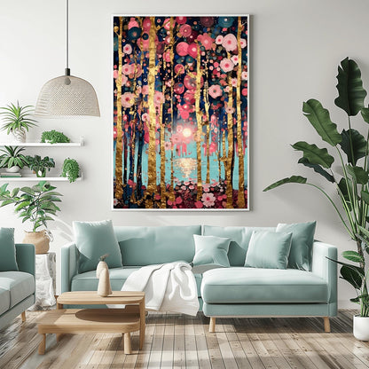 A vertical, highly detailed oil painting in the style of Gustav Klimt. Slender birch tree trunks with gold-leaf textures are surrounded by a dense field of pink, rose, and white circular floral mosaics. In the background, a soft sun reflects over a blue lake. The overall style is rich in texture with a sophisticated pink and gold color palette.