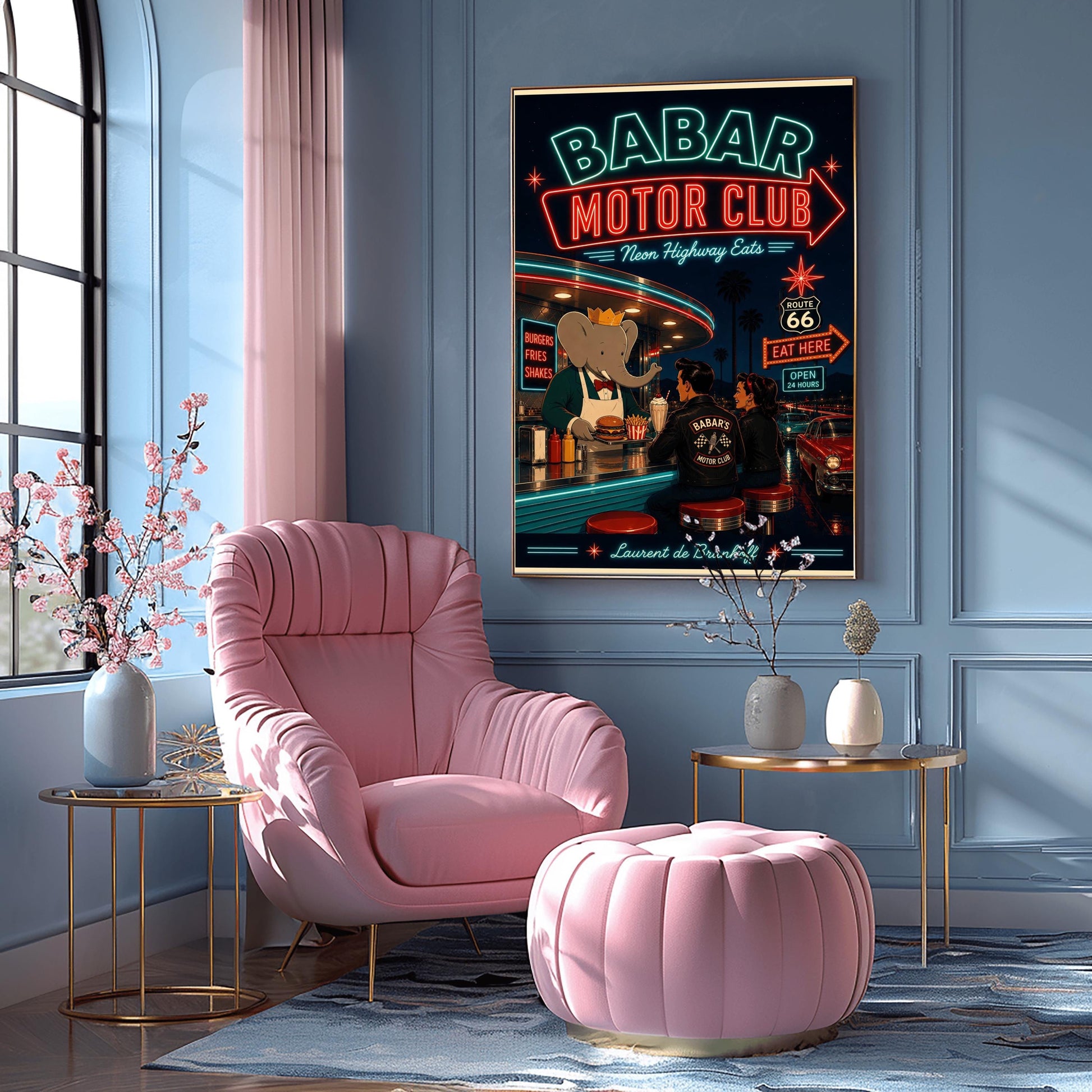 A vibrant 1950s-style illustration poster titled "BABAR MOTOR CLUB - Neon Highway Eats" against a dark night sky. At the top, a massive neon sign glows with a red border and orange lettering. Below, the cartoon elephant King Babar wears a gold crown and a white apron as he hands a tray with a burger and fries across a diner counter. A man and a woman are seated on red stools, viewed from behind, wearing black leather jackets that read "BABAR'S MOTOR CLUB" with a checkered flag logo.