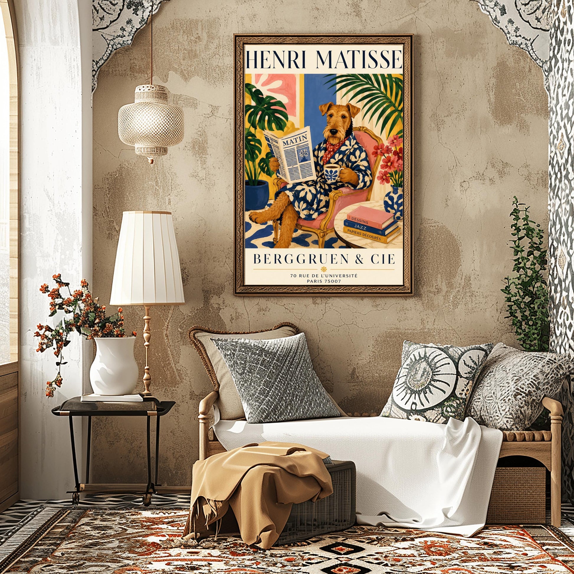 A vertical gallery exhibition poster with bold navy text reading "HENRI MATISSE" at the top and "BERGGRUEN & CIE" at the bottom. The illustration shows a brown scruffy terrier dog sitting like a human in a pink armchair with wooden frame, crossing its legs. The dog wears a navy blue robe with a white leaf pattern and a red and white polka dot scarf. It holds a coffee mug in one paw and a newspaper titled "MATIN" in the other.