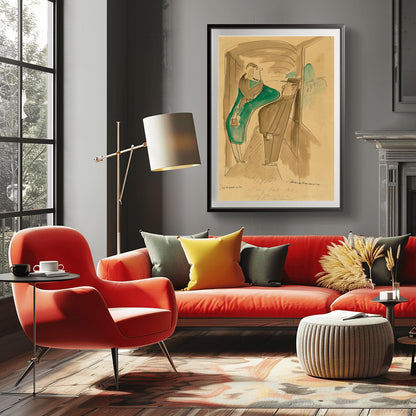 A vertical fine art exhibition poster showing an authentic 1955 sepia sketch by Ludwig Bemelmans titled "Wagon Lits". On a warm tan background with a wide white border, black brush ink lines depict a woman in a teal dress and a man passing each other in a train hallway while a green mountain bridge is visible out the window. A handwritten ink inscription reads "To My Pal Al Merry Christmas Ludwig Bemelmans 1955".