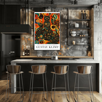 A vertical art print in the style of Gustav Klimt. Three black cats are positioned together, their bodies covered in intricate colorful mosaics of circles, squares, and eye symbols in gold, teal, and red. The background is a vibrant abstract of swirling orange, red, and yellow patterns with a stylized black tree to the right. The bottom of the poster features clean black text that reads "20th Century Cats & Crafts Exhibition" and "Gustav Klimt."