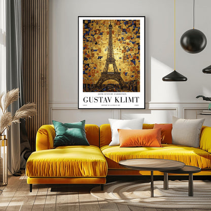 A vertical museum exhibition poster in the style of Gustav Klimt. The Eiffel Tower in Paris is rendered in a dark structural style against a sky made of a dense golden mosaic of squares, tiles, and blue "eye" symbols. Bold black text at the bottom reads "GUSTAV KLIMT" and "PARIS."