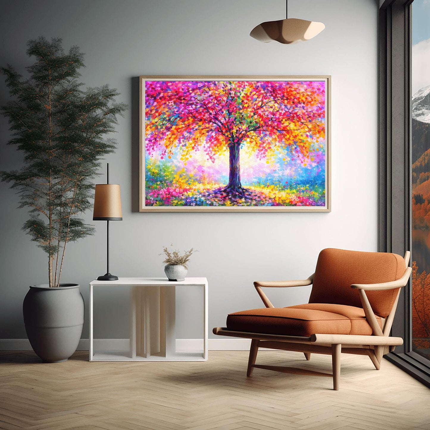 A horizontal landscape painting of a large, vibrant tree. The canopy is a dense, rounded mass of multi-colored leaves in pink, red, orange, yellow, and purple. The center of the tree glows with white and yellow light. The trunk is dark and textured. The tree sits in a soft, impressionist meadow of colorful flowers and mist. The style features thick, visible palette knife strokes.