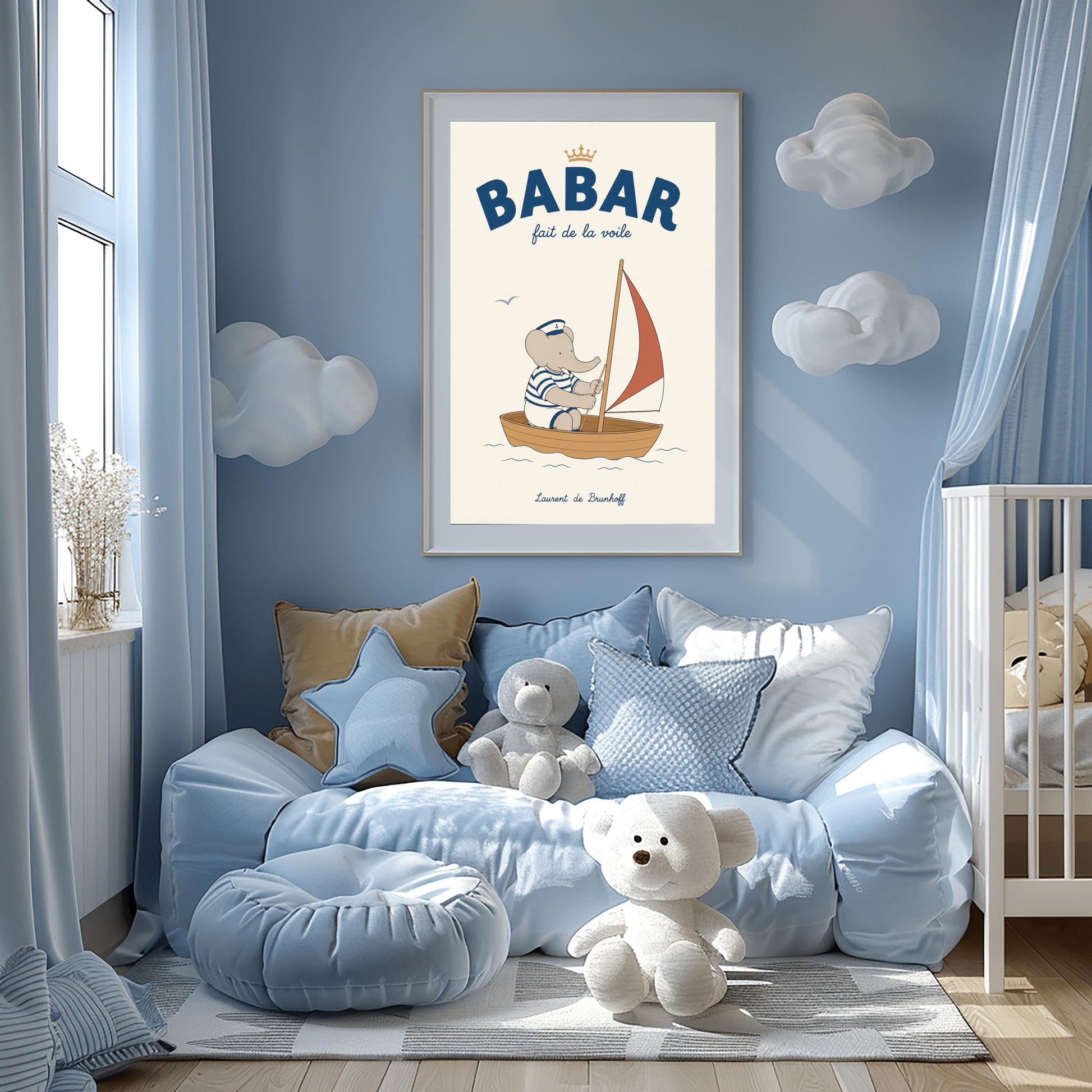 A vertical storybook-style art print featuring Babar the Elephant sailing a small boat. Babar wears a blue and white striped shirt and a white sailor's hat with an anchor. He is sitting in a brown wooden boat with a red and white sail. A single seagull flies in the creamy off-white sky. The top reads "BABAR fait de la voile" with a small gold crown.