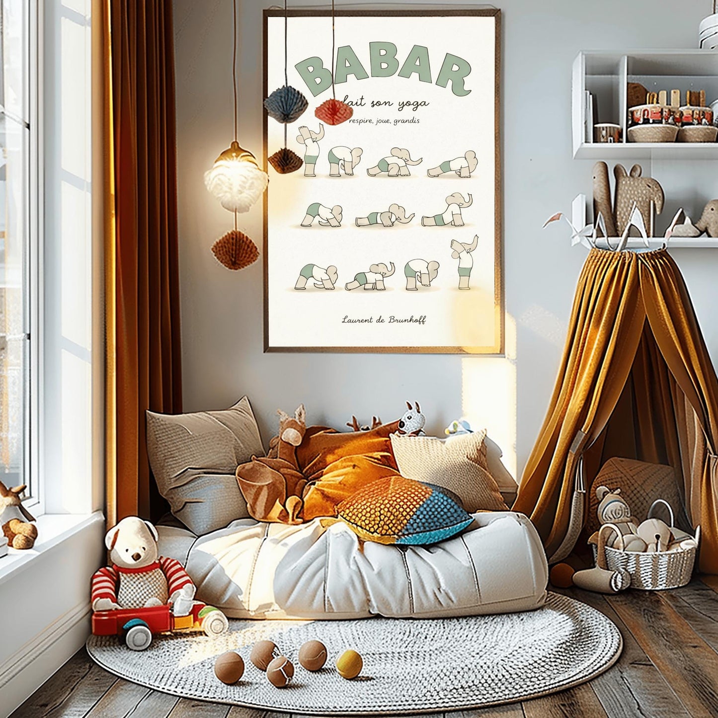A vertical art print in muted sage green and cream tones titled "BABAR fait son yoga" with the subtitle "respire, joue, grandis." The poster shows eleven small, minimalist illustrations of a grey elephant in various yoga poses, wearing a white shirt and sage green shorts. The background is a soft off-white with a subtle paper texture, and the artist's name "Laurent de Brunhoff" is at the bottom.