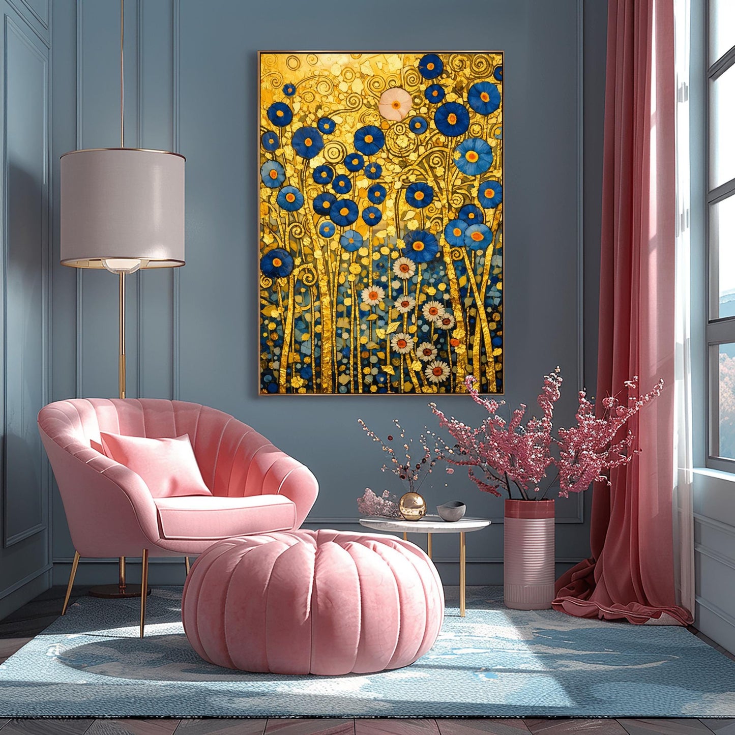 A vertical fine art landscape in the style of Gustav Klimt. A dense cluster of deep blue flowers with gold centers and white daisies grows against a textured gold leaf background filled with spirals and geometric patterns. The stems are slender and golden, creating a rich, mosaic-like botanical tapestry.