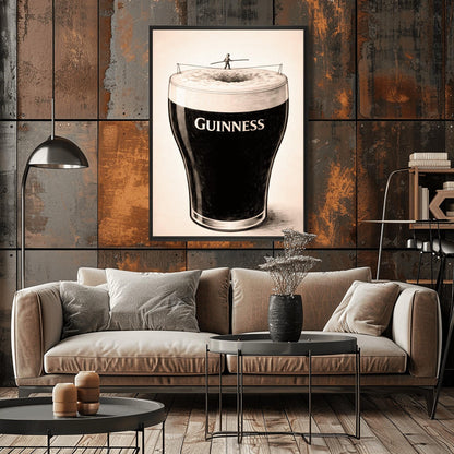 A vertical charcoal-style illustration of a pint of Guinness. A tiny silhouette of a person balances on a tightrope stretched across the white foam at the top of the glass. The body of the beer is deep black with the word "GUINNESS" in white. The background is a light, textured cream.