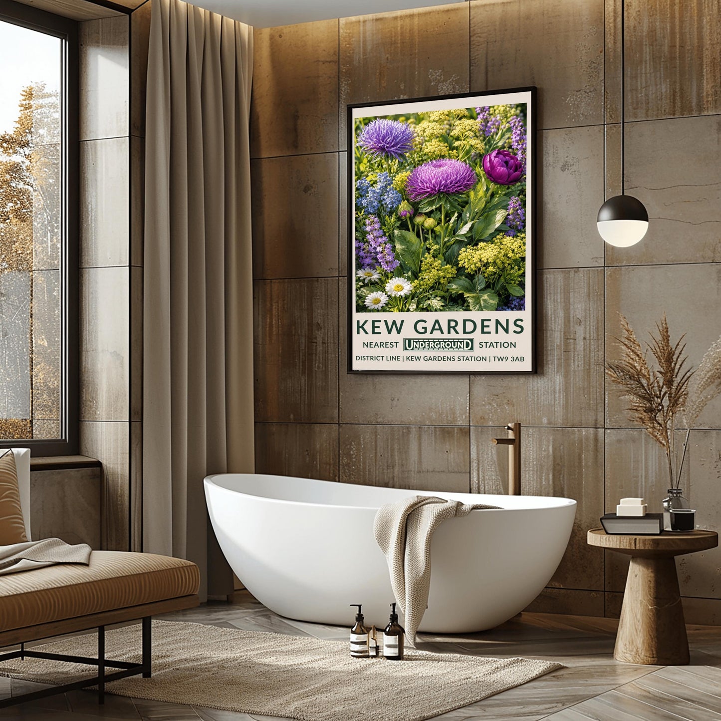 A vertical retro London Underground travel poster for Kew Gardens on a wide cream border. The top image shows a close-up, densely packed botanical illustration of a summer meadow featuring large purple asters, a magenta peony, clusters of tiny yellow dill flowers, blue forget-me-nots, and white daisies surrounded by green leaves. The bottom cream border features the text "KEW GARDENS" in dark green, followed by "NEAREST UNDERGROUND STATION" flanking an authentic boxed Underground logo