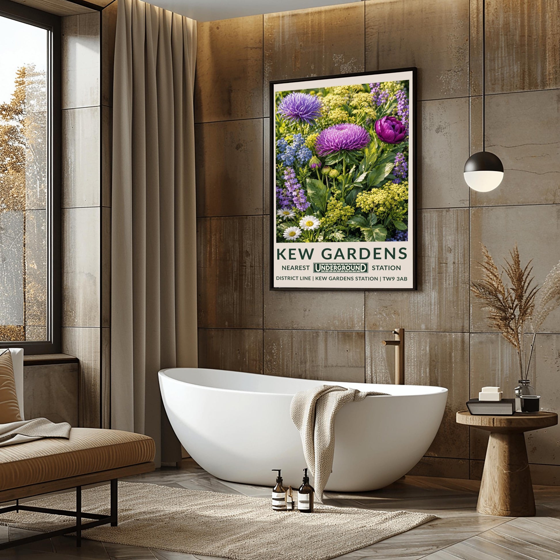 A vertical retro London Underground travel poster for Kew Gardens on a wide cream border. The top image shows a close-up, densely packed botanical illustration of a summer meadow featuring large purple asters, a magenta peony, clusters of tiny yellow dill flowers, blue forget-me-nots, and white daisies surrounded by green leaves. The bottom cream border features the text "KEW GARDENS" in dark green, followed by "NEAREST UNDERGROUND STATION" flanking an authentic boxed Underground logo