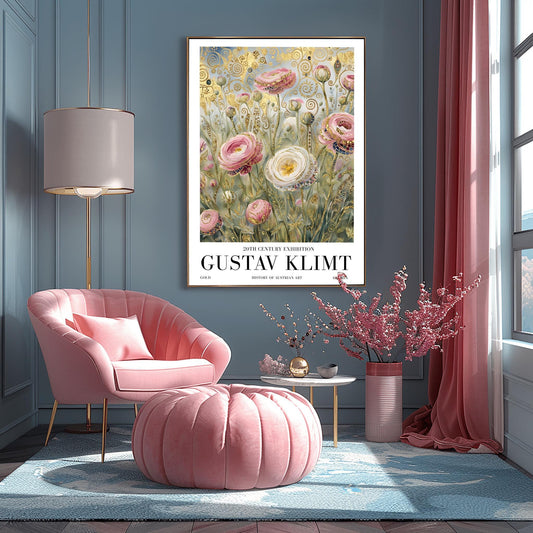A vertical museum exhibition poster in the style of Gustav Klimt. Large pink and white roses with golden edges grow in a field. The background is filled with ornate gold leaf spirals and geometric patterns against a soft light-blue sky. Bold black text at the bottom reads "GUSTAV KLIMT" and "BOTANICAL EXCELLENCE."